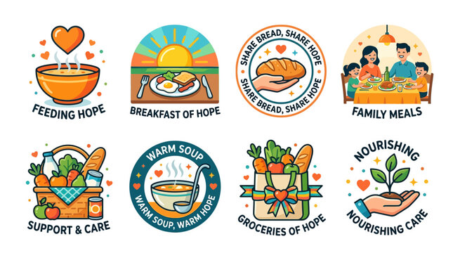 Charity food icons feature warm soup bowls and vegetable baskets with vibrant colors conveying community care and nourishment.