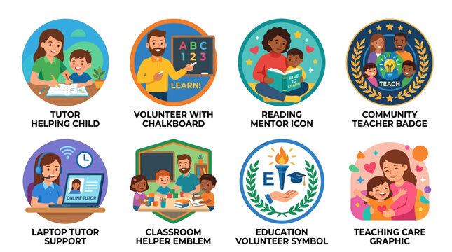 Education badges display diverse teachers and students reading books and learning together in brightly lit colorful settings.