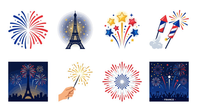 Fireworks explode in brilliant red white and blue colors over the Eiffel Tower creating a festive patriotic celebration in night sky.