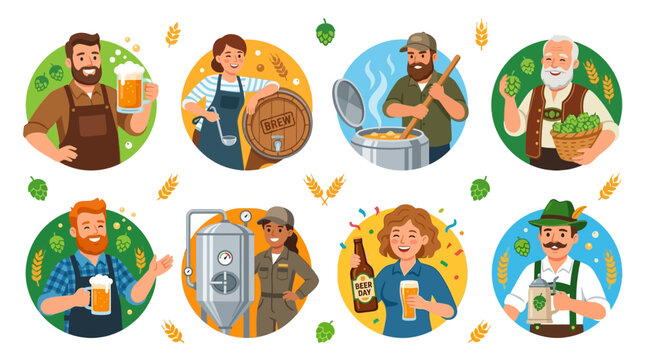 Brewers and brewmasters proudly display frothy mugs of golden beer alongside traditional barrels and modern stainless steel tanks in brewery.