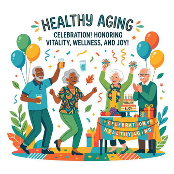Healthy aging celebration features energetic seniors dancing joyfully with colorful balloons and festive party decorations in a cheerful scene.