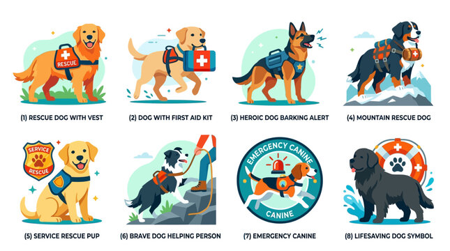 Service dogs feature vibrant rescue vests and medical kits against a clean white background in this bright vector illustration collection.