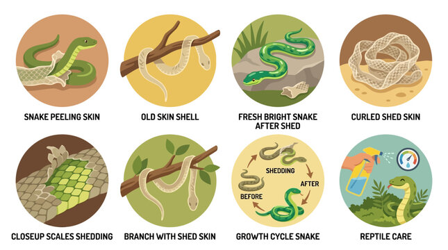 Snake shedding skin graphics showcase scaly green reptiles peeling old layers against earthy brown and vibrant green circular backgrounds.