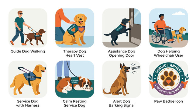 Service dogs wearing blue harnesses assist disabled handlers in various daily activities showcasing loyal canine companionship and warm textures.