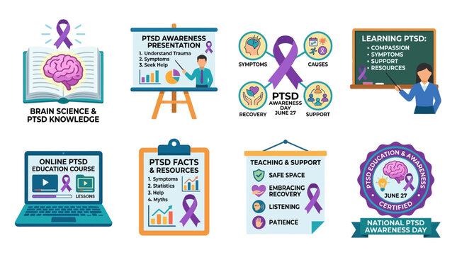 Brain illustration and purple ribbons highlight educational mental health awareness campaigns featuring informative charts and chalkboard textures.