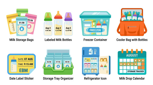 Baby milk storage containers and labeled bottles displayed in soft pastel tones with smooth matte textures and gentle diffuse lighting.