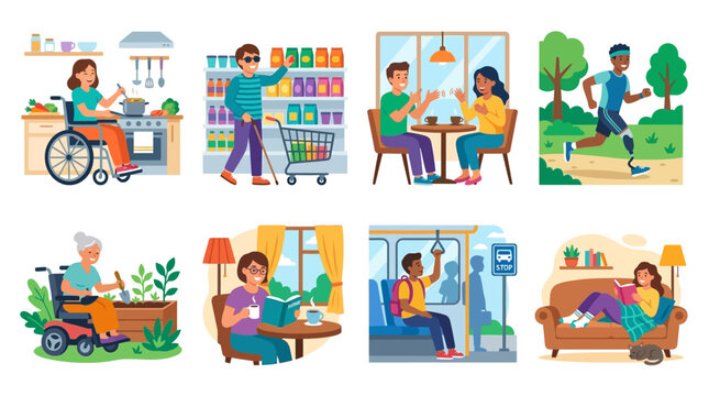 Disability inclusion scenes display diverse people with accessibility needs engaging in vibrant daily life activities.