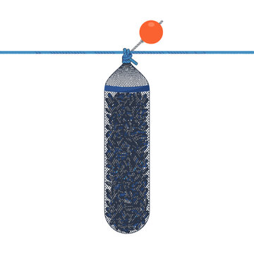 Mussel sock net features textured dark grey mollusks hanging underwater with smooth blue lines and an orange buoy.