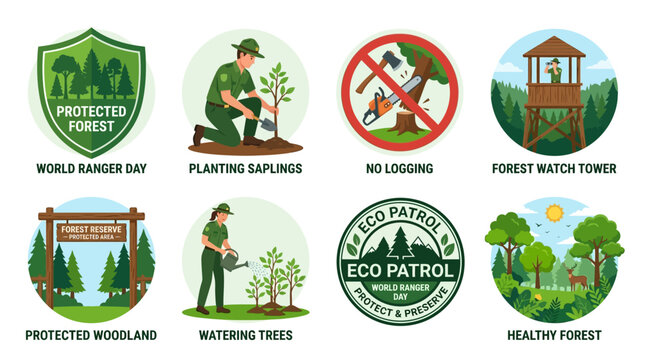 Forest conservation badges feature earthy brown wood, vibrant green textures, and bright daylight shining on rangers.
