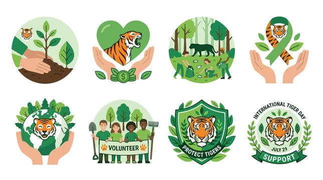 Tiger protection symbols present rich green foliage, textured fur patterns, and natural lighting illuminating conservation art.