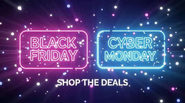 Black Friday Cyber Monday neon sign sale loop, glowing pink and blue illuminated badges on dark starry background motion graphic
