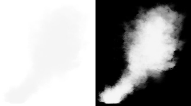 Atmospheric white smoke plume on black background, realistic steam vapor trail, thick fog cloud alpha channel for visual effects