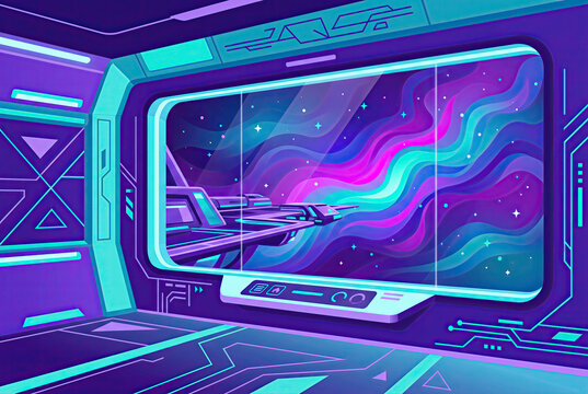 Futuristic Spaceship Interior Window View of Nebula Illustration
