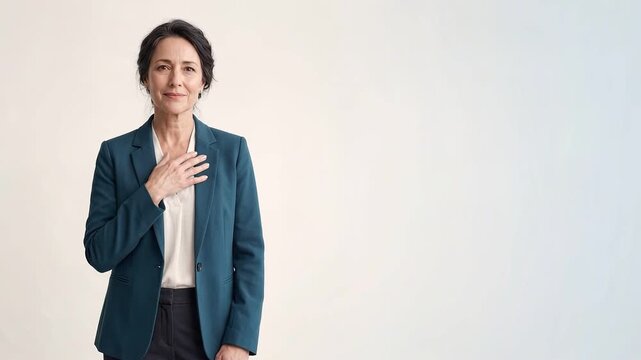 Corporate integrity and accountability campaign, mature businesswoman holding hand to chest in studio portrait for anti-corruption awareness with copy space