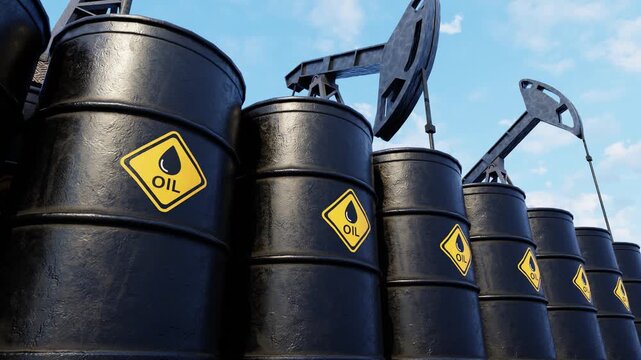 Oil barrels, petroleum containers in a row with working oil pumps in the background. Oil market, crude oil prices, trade war, gas or petroleum supply chain and world energy industry. 3d video