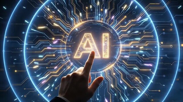 Glowing Golden AI Symbol Inside Futuristic Circular Digital Circuit Interface