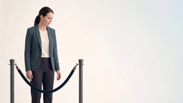 Professional businesswoman unhooking velvet rope barrier in minimal studio with copy space, symbolizing equal access, integrity, and anti-corruption awareness