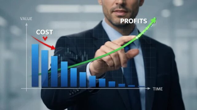 Businessman pointing at financial performance graph illustrating rising profits and reduced operating costs
