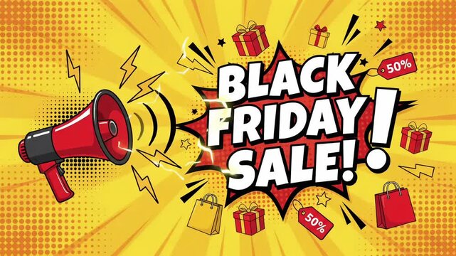 Black Friday sale megaphone announcement loop, pop art comic book style with comic burst, gift boxes and discount tags motion graphic
