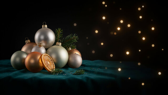 Photorealistic Hand Blown Frosted Glass Christmas Baubles in Champagne, Sage Green and Smoky Amber Featuring Detailed Reflections and Soft Velvet Textures