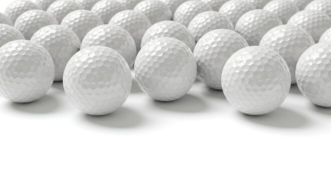 A large collection of clean white golf balls on a white surface with copy space for sports design