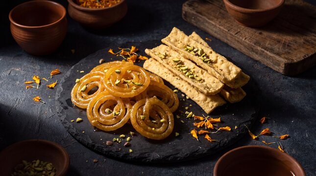culinary artistry, traditional vijayadashami sweets featuring vibrant jalebi and fafda on stone
