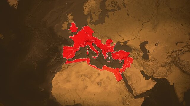 Roman Empire expansion map animation from 200 BC to 200 AD, golden territory spreading across Europe, Mediterranean and Middle East on dark relief map