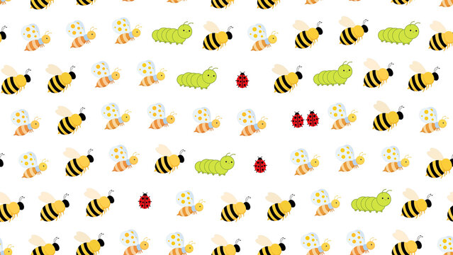 Cute cartoon insects pattern with bees, caterpillars, and ladybugs
