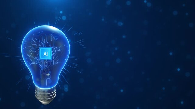A glowing lightbulb contains AI chip branching circuit traces, framed by rays and soft bokeh. 19 artificial intelligence, creative ideas business innovation, ample space for text on the right.