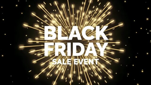 Black Friday sale event light burst loop, exploding golden rays and sparkling particles around bold white typography motion graphic
