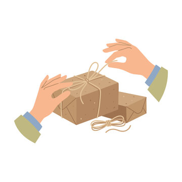 A detailed flat illustration showing two hands opening or tying a knot on a package wrapped in eco-friendly brown kraft paper with natural twine string on a white background.