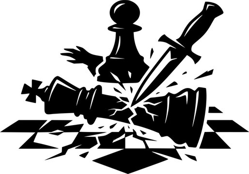 Black and White Fallen Chess King Betrayal Silhouette: Treason Strategy Vector, Defeat Icon