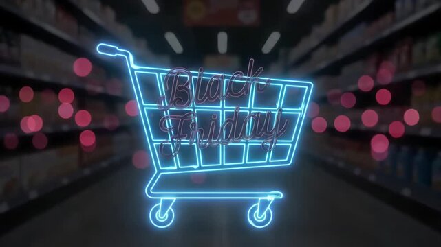 Black Friday neon shopping cart loop, glowing pink cursive sign in blurred supermarket aisle with bokeh lights motion graphic
