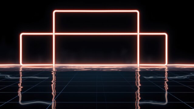 Neon rectangles form structure above reflective grid floor. Dark background emphasizes glowing lines, creating futuristic scene.