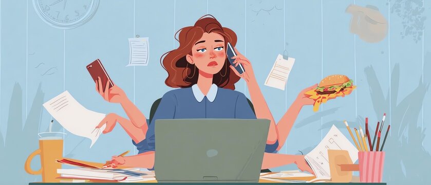 Busy woman multitasking at her workplace.