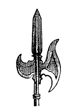 Halberd, medieval polearm combining a spear point, an axe blade, and a hook, old vintage illustration, 1899