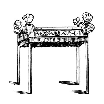 Canopy, ornate four-legged stand with floral decorations and intricate engravings, old vintage illustration, 1899