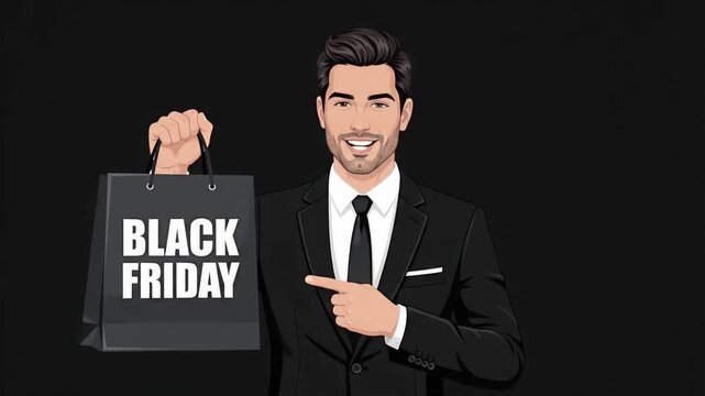 Black Friday sale motion graphic with a stylish man in a suit holding a shopping bag and pointing, animated promoter offering seasonal discounts on a black background
