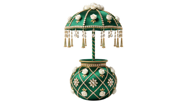 Ornate emerald green decorative umbrella pot, luxury vintage parasol with gold embroidery and pearls, regal Indian style wedding decor element isolated PNG with Transparent Background