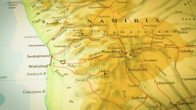 Namibia, Africa &ndash; smooth sliding camera movement across a physical map of desert terrain