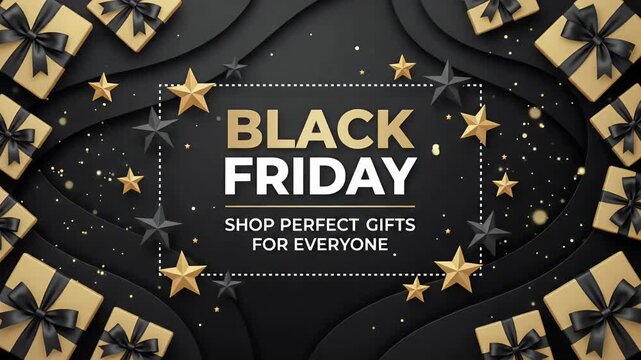Black Friday holiday sale banner 3d render with golden stars, gift boxes, and sparkling glitter on sleek paper cut black background promotional loop
