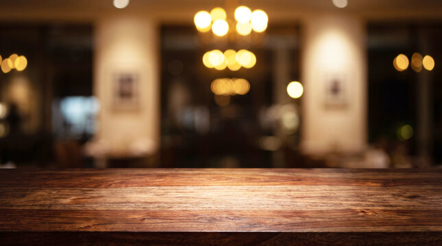A empty wooden table  in a restuarant blurred background