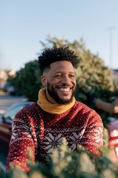 Smiling man in red holiday sweater carrying a christmas tree in parking lot for holiday marketing background and seasonal banner
