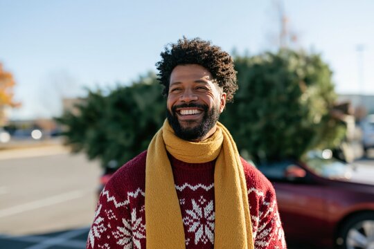 Laughing man in a festive sweater with a christmas tree tied to his car holiday portrait for winter background and seasonal banner