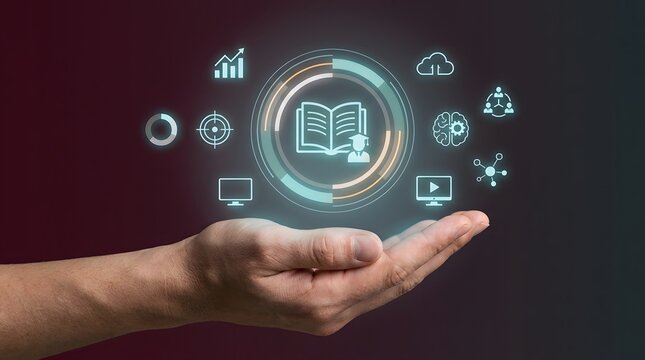 Hand holding digital education icons representing online learning and