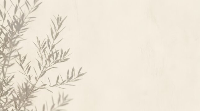 Delicate olive tree branch shadows fall across a textured light beige wall, offering a natural, organic backdrop.