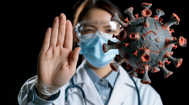 Female doctor wearing protective gear showing stop gesture against