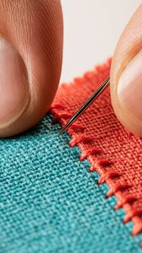 Hand stitching needle thread fabric seam in macro view with fingertips  
