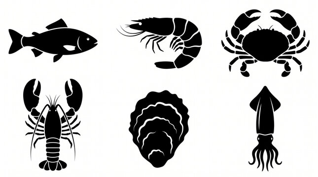 Set of black vector seafood silhouettes including fish shrimp crab lobster oyster and squid