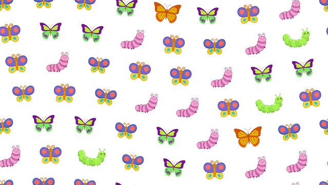 Cartoon butterflies and caterpillars seamless pattern